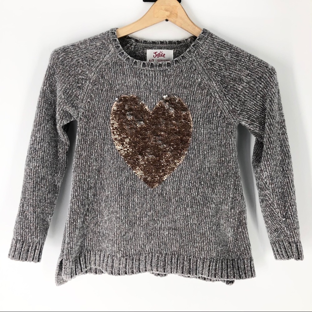 Justice Girl’s Gray Chenille Sequin Heart Sweater